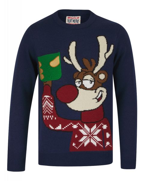 Christmas Jumper 3D Raise A Cup Xmas Face French Navy