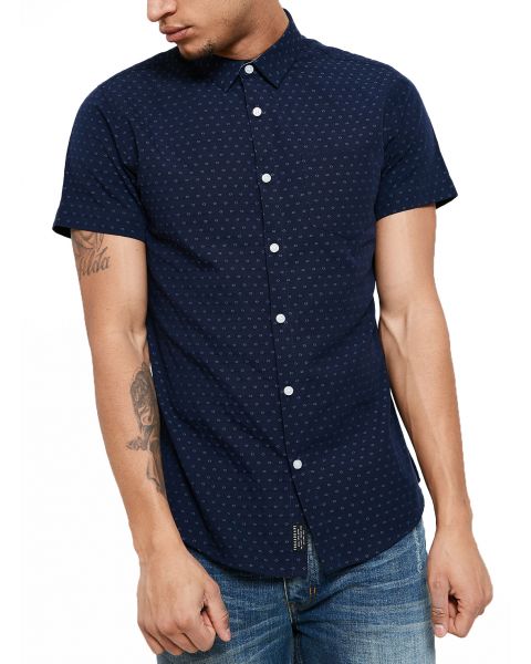 Threadbare Simon Print Pattern Shirt Short Sleeve Navy Blue | Jean Scene